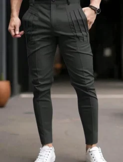 Hot OUKU Men's Trousers Chinos Chino Pants Casual Pants Pocket Elastic Waist Pleats Plain Comfort Soft Full Length Outdoor Daily Going out Fashion Streetwear Black Blue Micro-elastic