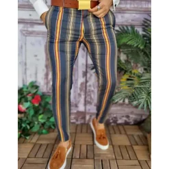Discount OUKU Men's Trousers Chinos Jogger Pants Print Stripe Full Length Casual Daily Trousers Smart Casual Navy Blue Khaki Micro-elastic