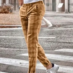 Discount OUKU Men's Trousers Chinos Jogger Pants Plaid Dress Pants Pocket Straight Leg Plaid Comfort Breathable Casual Daily Streetwear Sports Fashion Yellow Blue Micro-elastic