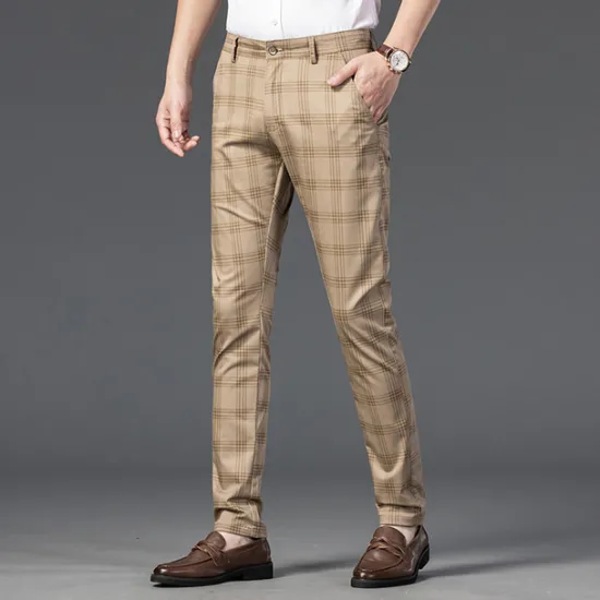OUKU Men's Trousers Chinos Pants Trousers Jogger Pants Plaid Dress Pants Pocket Classic Straight Leg Lattice Comfort Outdoor Full Length Formal Business Daily Stretch Smart Casual Black Wine Micro-elastic