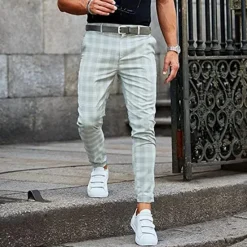 Clearance OUKU Men's Trousers Chinos Slacks Jogger Pants Plaid Dress Pants Checkered Lattice Soft Full Length Daily Weekend Office / Business Casual / Sporty Light Green Blue Inelastic