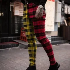 Clearance OUKU Men's Trousers Chinos Slacks Jogger Pants Plaid Dress Pants Plaid Checkered Comfort Soft Office Business Streetwear Smart Casual Red Purple Inelastic