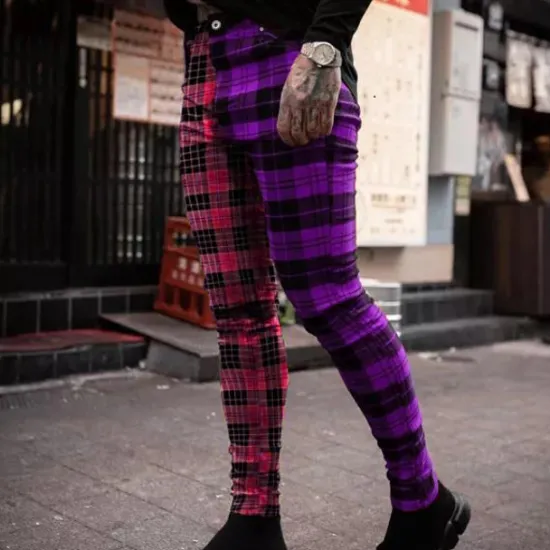 Clearance OUKU Men's Trousers Chinos Slacks Jogger Pants Plaid Dress Pants Plaid Checkered Comfort Soft Office Business Streetwear Smart Casual Red Purple Inelastic