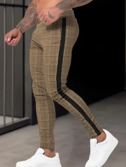Online OUKU Men's Trousers Chinos Summer Pants Casual Pants Front Pocket Zip Leg Grid / Plaid Comfort Breathable Business Casual Daily Fashion Basic Brown Khaki