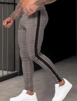 Online OUKU Men's Trousers Chinos Summer Pants Casual Pants Front Pocket Zip Leg Grid / Plaid Comfort Breathable Business Casual Daily Fashion Basic Brown Khaki