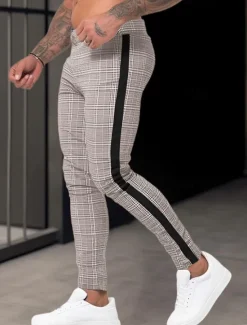 Online OUKU Men's Trousers Chinos Summer Pants Casual Pants Front Pocket Zip Leg Grid / Plaid Comfort Breathable Business Casual Daily Fashion Basic Brown Khaki