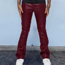 Clearance OUKU Men's Trousers Faux Leather Pants Casual Pants Pocket Plain Comfort Breathable Outdoor Daily Going out Fashion Casual Black Red
