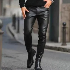 OUKU Men's Trousers Faux Leather Pants Casual Pants Pocket Plain Comfort Breathable Outdoor Daily Going out Fashion Casual Black
