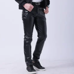 Outlet OUKU Men's Trousers Faux Leather Pants Casual Pants Pocket Straight Leg Plain Stretch Party Daily Wear Fashion Streetwear Black White