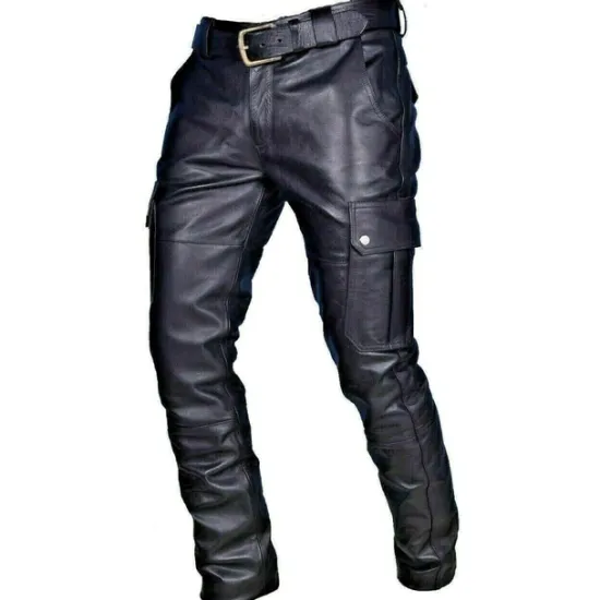 Clearance OUKU Men's Trousers Leather Pants Casual Pants Multi Pocket Solid Color Motorcycle Streetwear Fashion Black Red