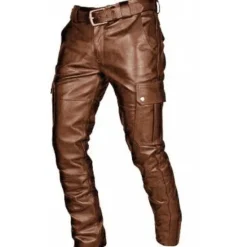 Clearance OUKU Men's Trousers Leather Pants Casual Pants Multi Pocket Solid Color Motorcycle Streetwear Fashion Black Red