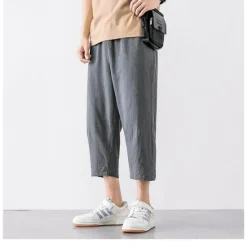 Discount OUKU Men's Trousers Linen Shorts Summer Shorts Capri Pants Straight Pocket Elastic Waist Solid Color Comfort Breathable Ankle-Length Sports Outdoor Daily Casual Folk Style Black Blue Micro-elastic