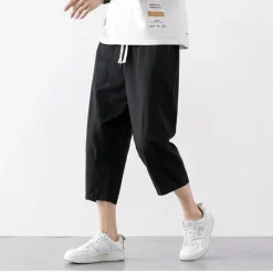 Discount OUKU Men's Trousers Linen Shorts Summer Shorts Capri Pants Straight Pocket Elastic Waist Solid Color Comfort Breathable Ankle-Length Sports Outdoor Daily Casual Folk Style Black Blue Micro-elastic