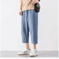 Discount OUKU Men's Trousers Linen Shorts Summer Shorts Capri Pants Straight Pocket Elastic Waist Solid Color Comfort Breathable Ankle-Length Sports Outdoor Daily Casual Folk Style Black Blue Micro-elastic