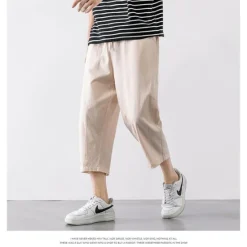 Discount OUKU Men's Trousers Linen Shorts Summer Shorts Capri Pants Straight Pocket Elastic Waist Solid Color Comfort Breathable Ankle-Length Sports Outdoor Daily Casual Folk Style Black Blue Micro-elastic