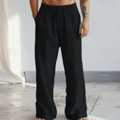 Hot OUKU Men's Trousers Plain Full Length Casual Daily Cotton Linen Light Blue Micro-elastic Black