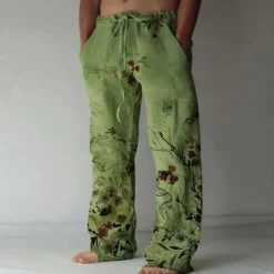 Discount OUKU Men's Trousers Summer Pants Beach Pants Elastic Drawstring Design Front Pocket Straight Leg Graphic Prints Flower / Floral Comfort Soft Casual Daily For Vacation Linen Like Fabric Fashion Designer