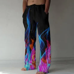 Online OUKU Men's Trousers Summer Pants Beach Pants Elastic Drawstring Design Front Pocket Straight Leg Graphic Prints Flame Comfort Soft Casual Daily For Vacation Linen Like Fabric Fashion Designer Yellow Blue