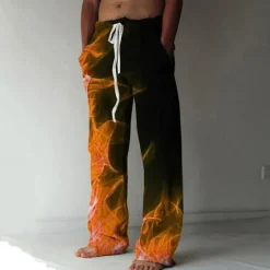 Online OUKU Men's Trousers Summer Pants Beach Pants Elastic Drawstring Design Front Pocket Straight Leg Graphic Prints Flame Comfort Soft Casual Daily For Vacation Linen Like Fabric Fashion Designer Yellow Blue
