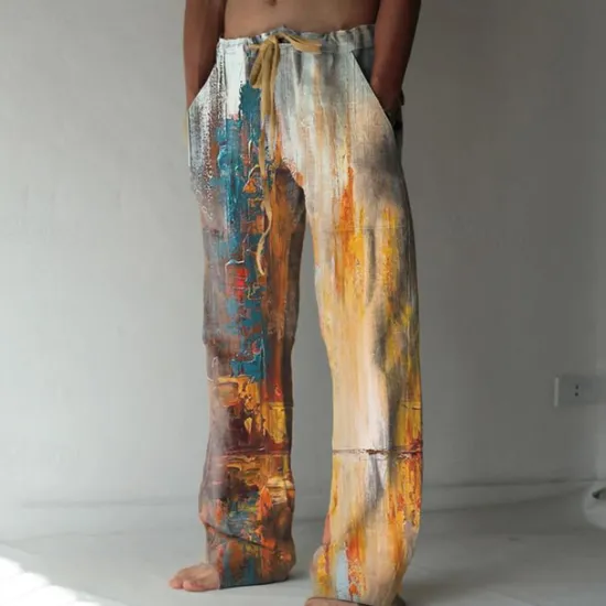 Online OUKU Men's Trousers Summer Pants Beach Pants Elastic Drawstring Design Front Pocket Straight Leg Graphic Prints Flame Comfort Soft Casual Daily For Vacation Linen Like Fabric Fashion Designer Yellow Blue