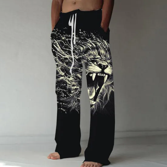 Clearance OUKU Men's Trousers Summer Pants Beach Pants Elastic Drawstring Design Front Pocket Straight Leg Animal Lion Graphic Prints Comfort Soft Casual Daily Fashion Designer Black Green