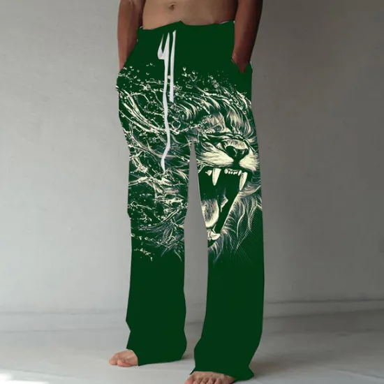 Clearance OUKU Men's Trousers Summer Pants Beach Pants Elastic Drawstring Design Front Pocket Straight Leg Animal Lion Graphic Prints Comfort Soft Casual Daily Fashion Designer Black Green