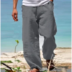Outlet OUKU Men's Trousers Summer Pants Beach Pants Elastic Waist Wide Leg Straight Leg Plain Breathable Soft Yoga Casual Daily Fashion Streetwear Loose Fit Black White