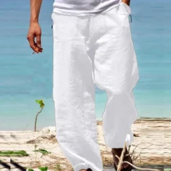 Outlet OUKU Men's Trousers Summer Pants Beach Pants Elastic Waist Wide Leg Straight Leg Plain Breathable Soft Yoga Casual Daily Fashion Streetwear Loose Fit Black White