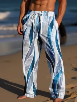 OUKU Men's Trousers Summer Pants Beach Pants Drawstring Elastic Waist 3D Print Color Block Graphic Prints Comfort Casual Daily Holiday Streetwear Hawaiian Light Green Red