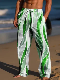 OUKU Men's Trousers Summer Pants Beach Pants Drawstring Elastic Waist 3D Print Color Block Graphic Prints Comfort Casual Daily Holiday Streetwear Hawaiian Light Green Red