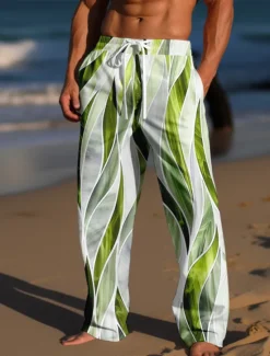 OUKU Men's Trousers Summer Pants Beach Pants Drawstring Elastic Waist 3D Print Color Block Graphic Prints Comfort Casual Daily Holiday Streetwear Hawaiian Light Green Red
