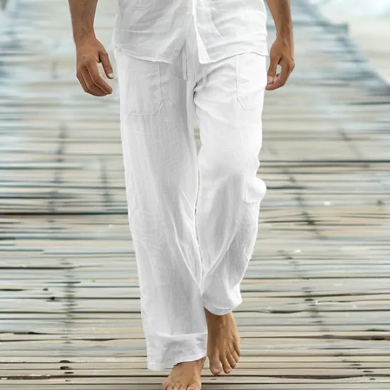 OUKU Men's Trousers Summer Pants Baggy Pants Beach Pants Casual Pants Drawstring Front Pocket Straight Leg Plain Comfort Soft Full Length Yoga Holiday Beach Fashion Hawaiian Black White