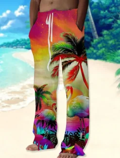 New OUKU Men's Trousers Summer Pants Beach Pants Drawstring Elastic Waist Straight Leg Animal Coconut Tree Graphic Prints Comfort Casual Daily Holiday Streetwear Hawaiian Red Blue