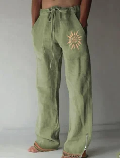 OUKU Men's Trousers Summer Pants Beach Pants Zipper Pocket Drawstring Sun Graphic Prints Comfort Casual Daily Holiday Vintage Ethnic Style Micro-elastic Green