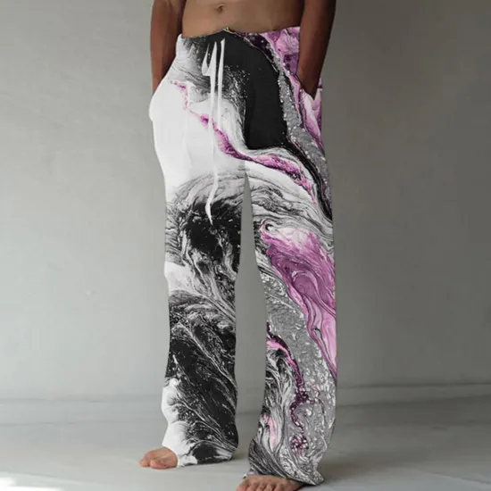 Online OUKU Men's Trousers Summer Pants Beach Pants Straight Pocket Drawstring Elastic Waist Abstract Graphic Prints Comfort Breathable Casual Daily Holiday Streetwear Classic Style Purple Green