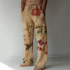 Discount OUKU Men's Trousers Summer Pants Beach Pants Elastic Drawstring Design Front Pocket Straight Leg Flower / Floral Comfort Soft Casual Daily For Vacation Linen Like Fabric Hawaiian White Apricot Inelastic