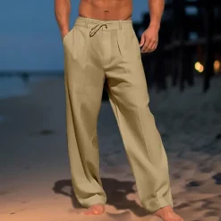 Hot OUKU Men's Trousers Summer Pants Beach Pants Drawstring Pleats Straight Leg Plain Comfort Breathable Wedding Casual Daily Fashion Classic Style Black White