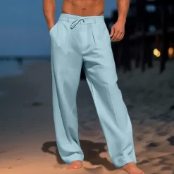 Hot OUKU Men's Trousers Summer Pants Beach Pants Drawstring Pleats Straight Leg Plain Comfort Breathable Wedding Casual Daily Fashion Classic Style Black White