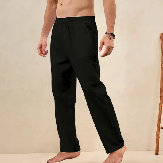 Best OUKU Men's Trousers Summer Pants Beach Pants Pocket Drawstring Straight Leg Plain Breathable Soft Full Length Home Casual Fashion Classic Loose Fit Black White Micro-elastic