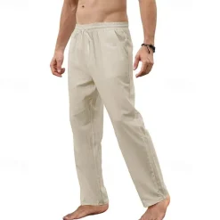 Best OUKU Men's Trousers Summer Pants Beach Pants Pocket Drawstring Straight Leg Plain Breathable Soft Full Length Home Casual Fashion Classic Loose Fit Black White Micro-elastic