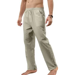 Best OUKU Men's Trousers Summer Pants Beach Pants Pocket Drawstring Straight Leg Plain Breathable Soft Full Length Home Casual Fashion Classic Loose Fit Black White Micro-elastic