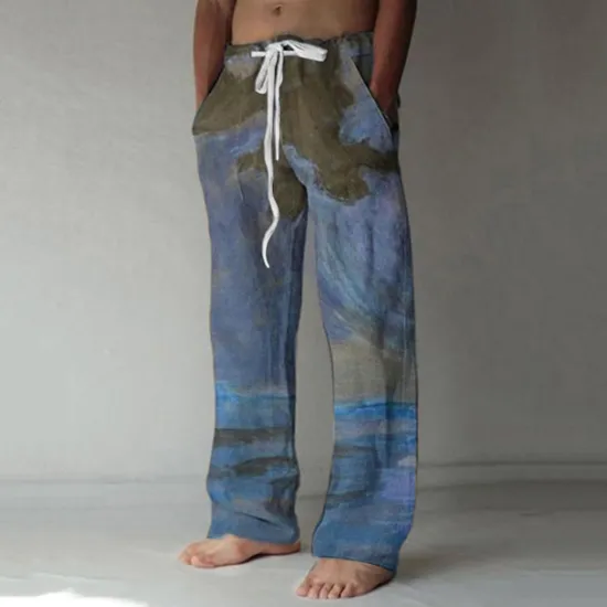 Discount OUKU Men's Trousers Summer Pants Baggy Beach Pants Elastic Drawstring Design Front Pocket Straight Leg Graphic Prints Landscape Comfort Soft Casual Daily For Vacation Linen Like Fabric Fashion Streetwear