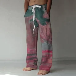 Discount OUKU Men's Trousers Summer Pants Baggy Beach Pants Elastic Drawstring Design Front Pocket Straight Leg Graphic Prints Landscape Comfort Soft Casual Daily For Vacation Linen Like Fabric Fashion Streetwear