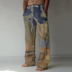 Discount OUKU Men's Trousers Summer Pants Baggy Beach Pants Elastic Drawstring Design Front Pocket Straight Leg Graphic Prints Landscape Comfort Soft Casual Daily For Vacation Linen Like Fabric Fashion Streetwear