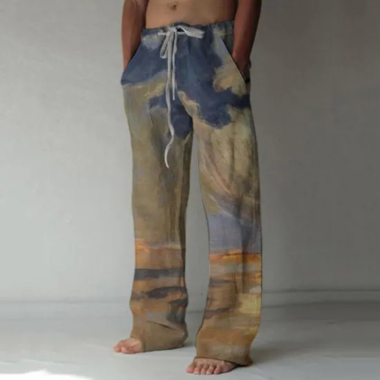 Discount OUKU Men's Trousers Summer Pants Baggy Beach Pants Elastic Drawstring Design Front Pocket Straight Leg Graphic Prints Landscape Comfort Soft Casual Daily For Vacation Linen Like Fabric Fashion Streetwear