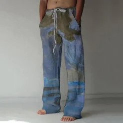 Discount OUKU Men's Trousers Summer Pants Baggy Beach Pants Elastic Drawstring Design Front Pocket Straight Leg Graphic Prints Landscape Comfort Soft Casual Daily For Vacation Linen Like Fabric Fashion Streetwear