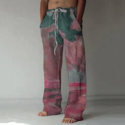 Discount OUKU Men's Trousers Summer Pants Baggy Beach Pants Elastic Drawstring Design Front Pocket Straight Leg Graphic Prints Landscape Comfort Soft Casual Daily For Vacation Linen Like Fabric Fashion Streetwear