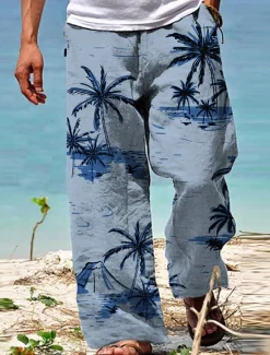 New OUKU Men's Trousers Summer Pants Beach Pants Drawstring Elastic Waist Straight Leg Coconut Tree Graphic Prints Comfort Casual Daily Holiday Hawaiian Designer White Yellow