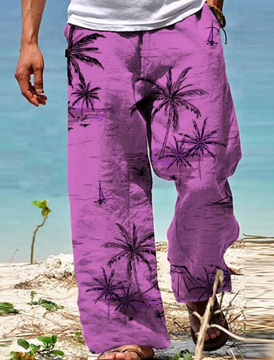 New OUKU Men's Trousers Summer Pants Beach Pants Drawstring Elastic Waist Straight Leg Coconut Tree Graphic Prints Comfort Casual Daily Holiday Hawaiian Designer White Yellow