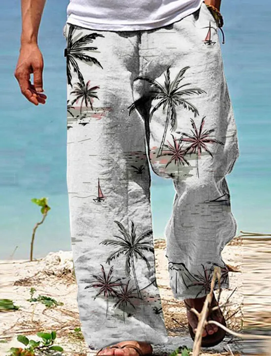 New OUKU Men's Trousers Summer Pants Beach Pants Drawstring Elastic Waist Straight Leg Coconut Tree Graphic Prints Comfort Casual Daily Holiday Hawaiian Designer White Yellow
